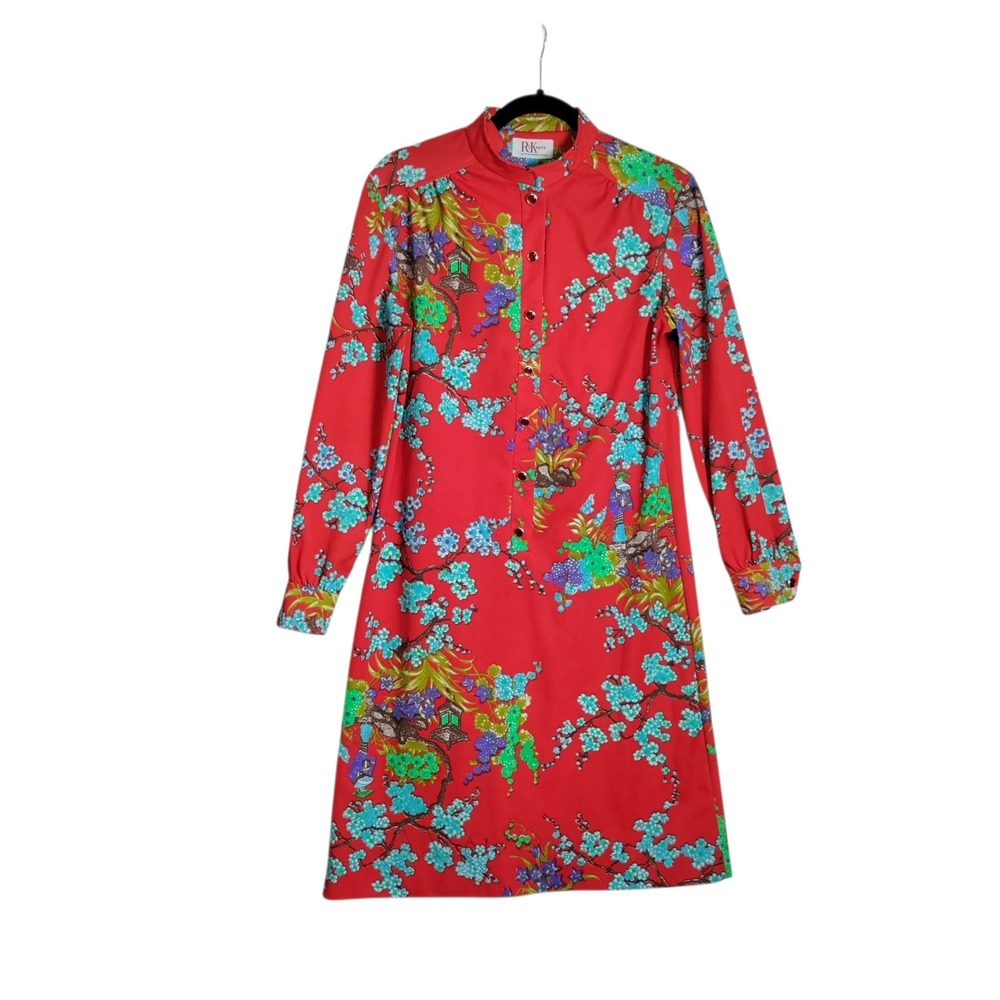Vintage R&K Knits Red Chinoiserie Floral Pagoda Print Shift Dress Long Sleeve